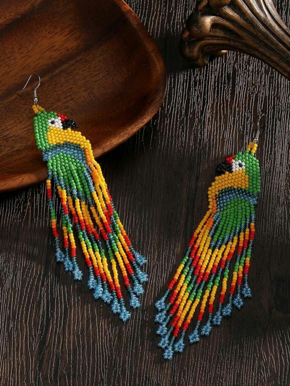 Handmade Beaded Parrot Earrings - Picture 3 of 5